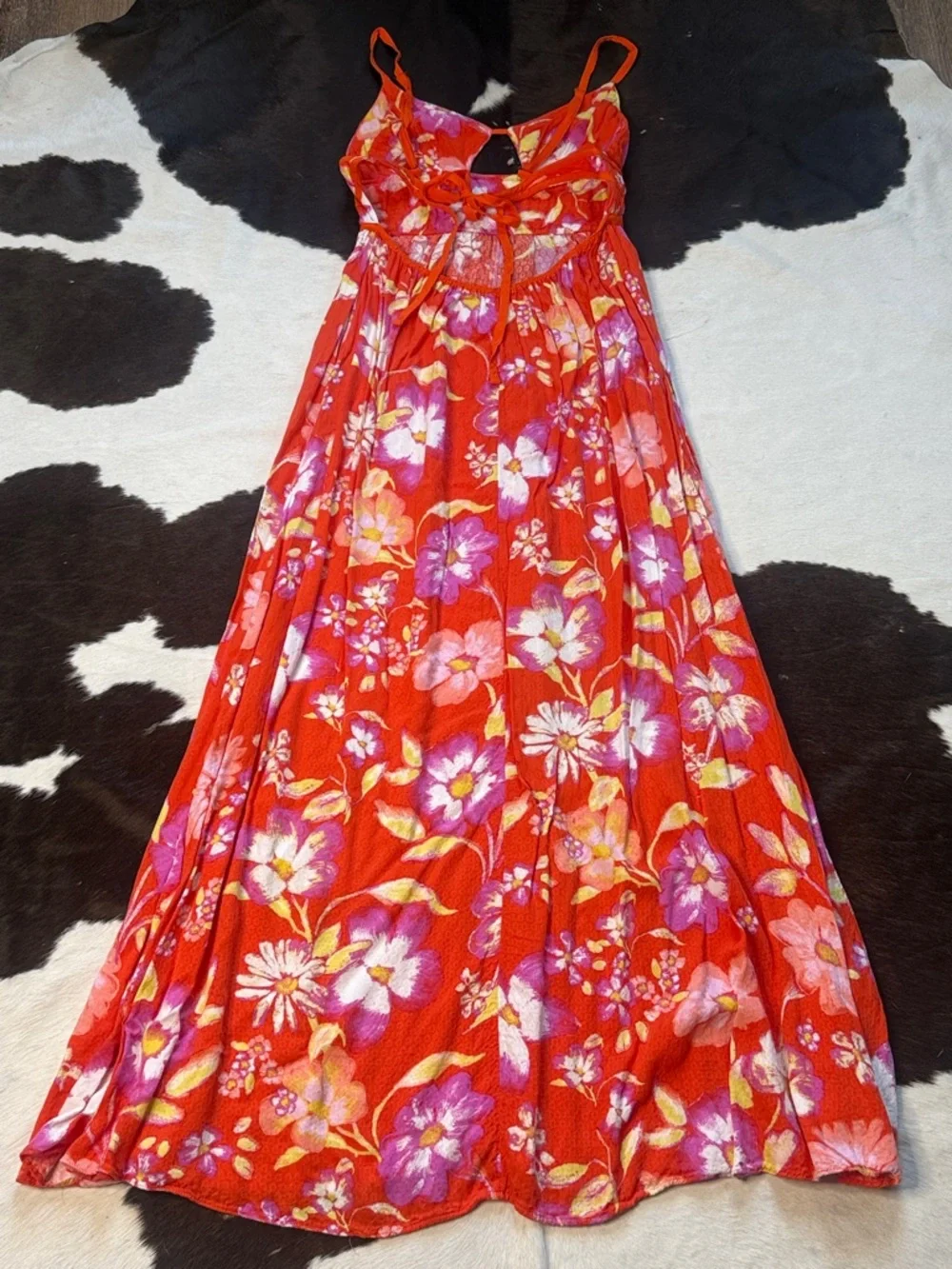 Orange Floral Maxi Dress with Purple & White Blooms - Picture 3 of 6